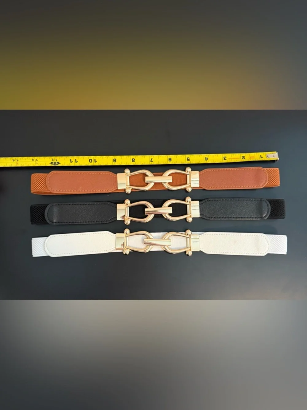 Gold-Link Elastic Waist Belt in White, Brown, and Black